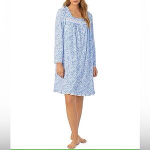 Eileen West Blue White Floral 100% Cotton Long Sleeve Lightweight Nightgown L
